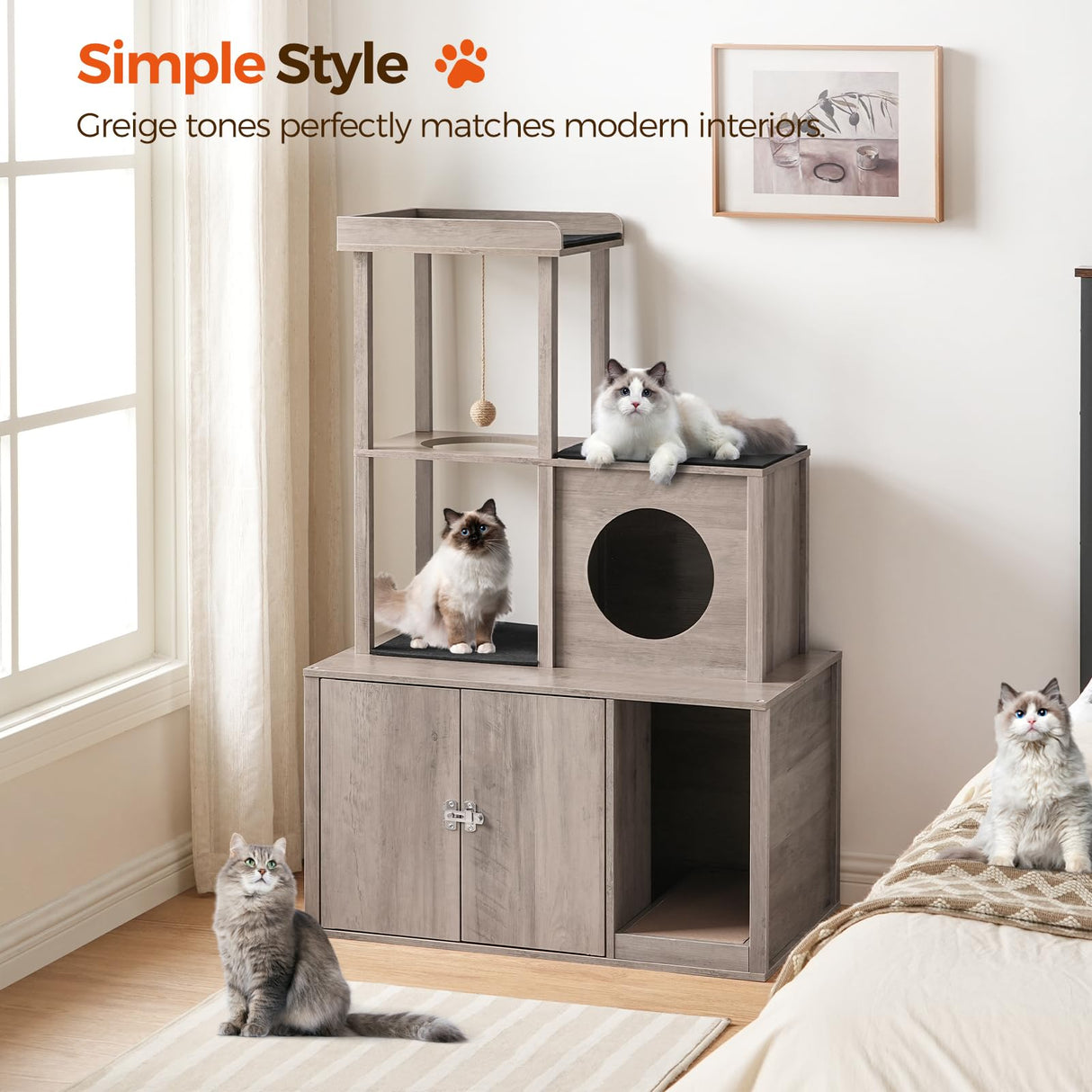 MAHANCRIS Cat Tree with Litter Box Enclosure, Hidden Cats Litter Box Furniture with Condo and Plush Ball, Wooden Cats Washroom Furniture with Platform, Indoor Cat House, Greige CWHG1501 MAHANCRIS