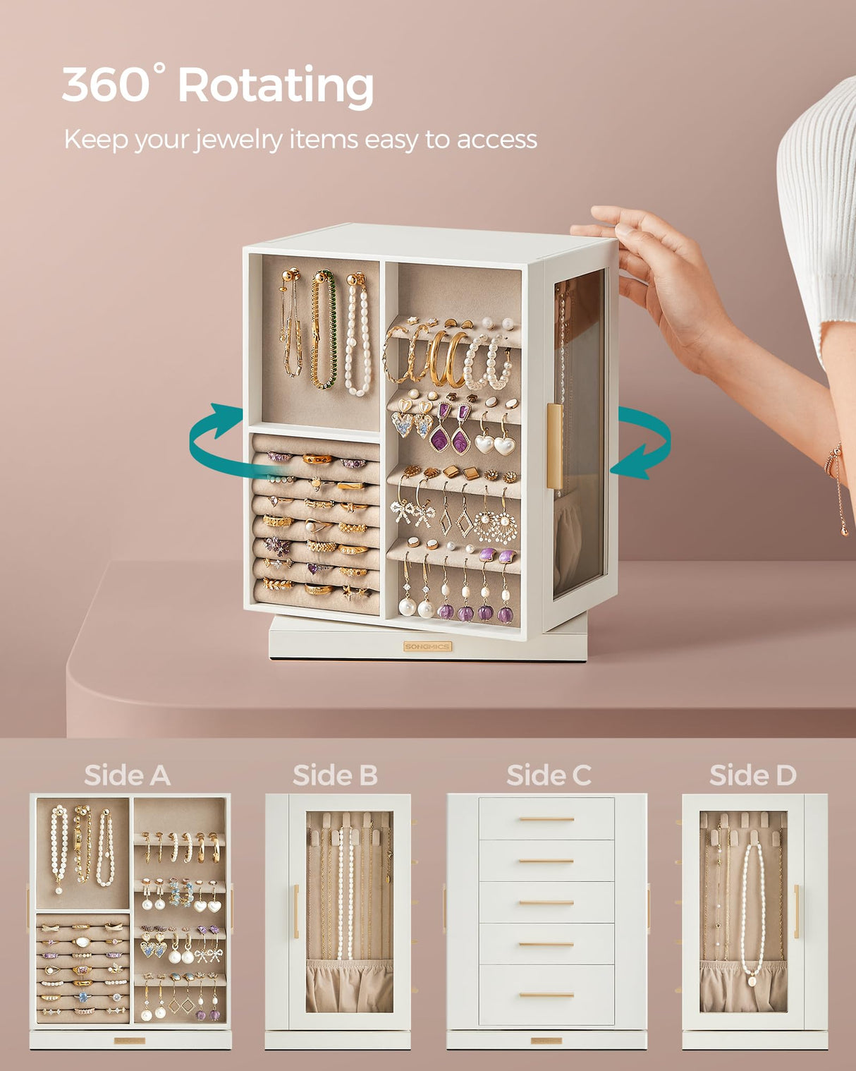 SONGMICS Jewelry Box 360° Rotating, Jewelry Storage Case with 5 Drawers, Jewelry Organizer, Glass Window, Spacious, Vertical Jewelry Storage, Open Design, Great Gift, Cloud White UJBC170W01 SONGMICS