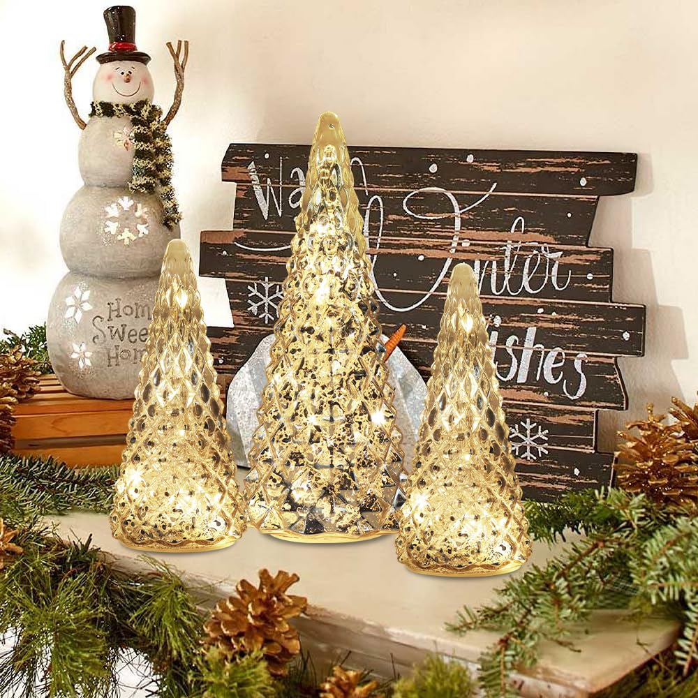 Christmas Decorations Indoor, YEAHOME Set of 3 Pre-lit Gold Glass Christmas Tree for Home Decor, Christmas Table Decorations Lighted Xmas Tree with Timer for Living Room Mantel Tabletop Party YEAHOME