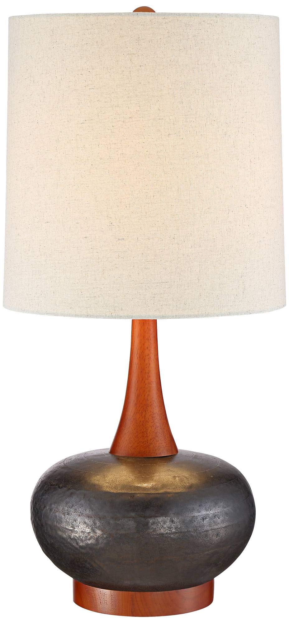 360 Lighting Andi Mid Century Modern Table Lamp 24.5" High Hammered Bronze Ceramic Wood Off White Tall Drum Shade for Living Room Bedroom House Bedside Nightstand Home Office (Color May Vary) 360 Lighting