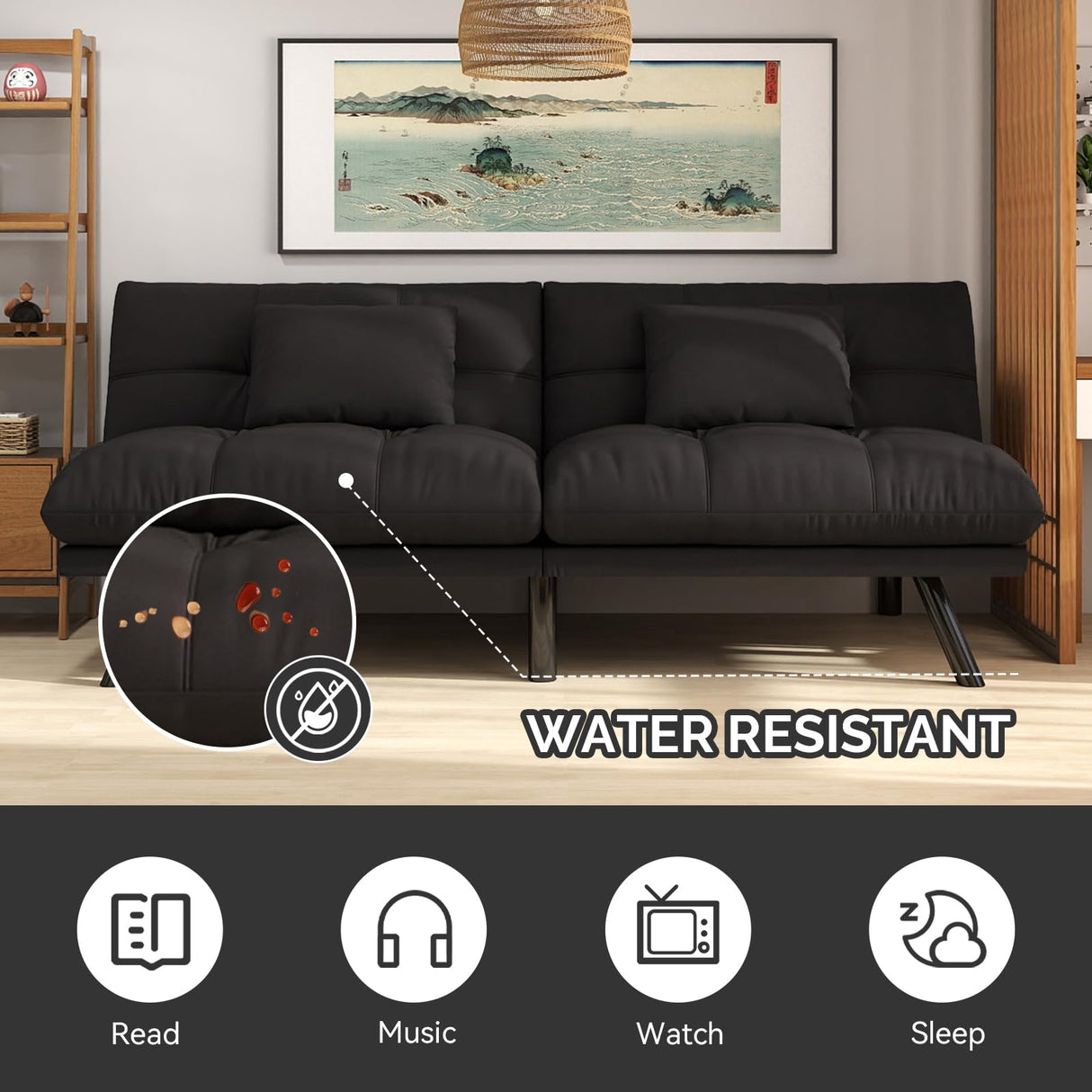 Futon Sofa Bed Convertible Solid Wood Couch Water-Resistant Fabric with 2 Cushions for Living Room Sofa Bed (Light Black) homeokay