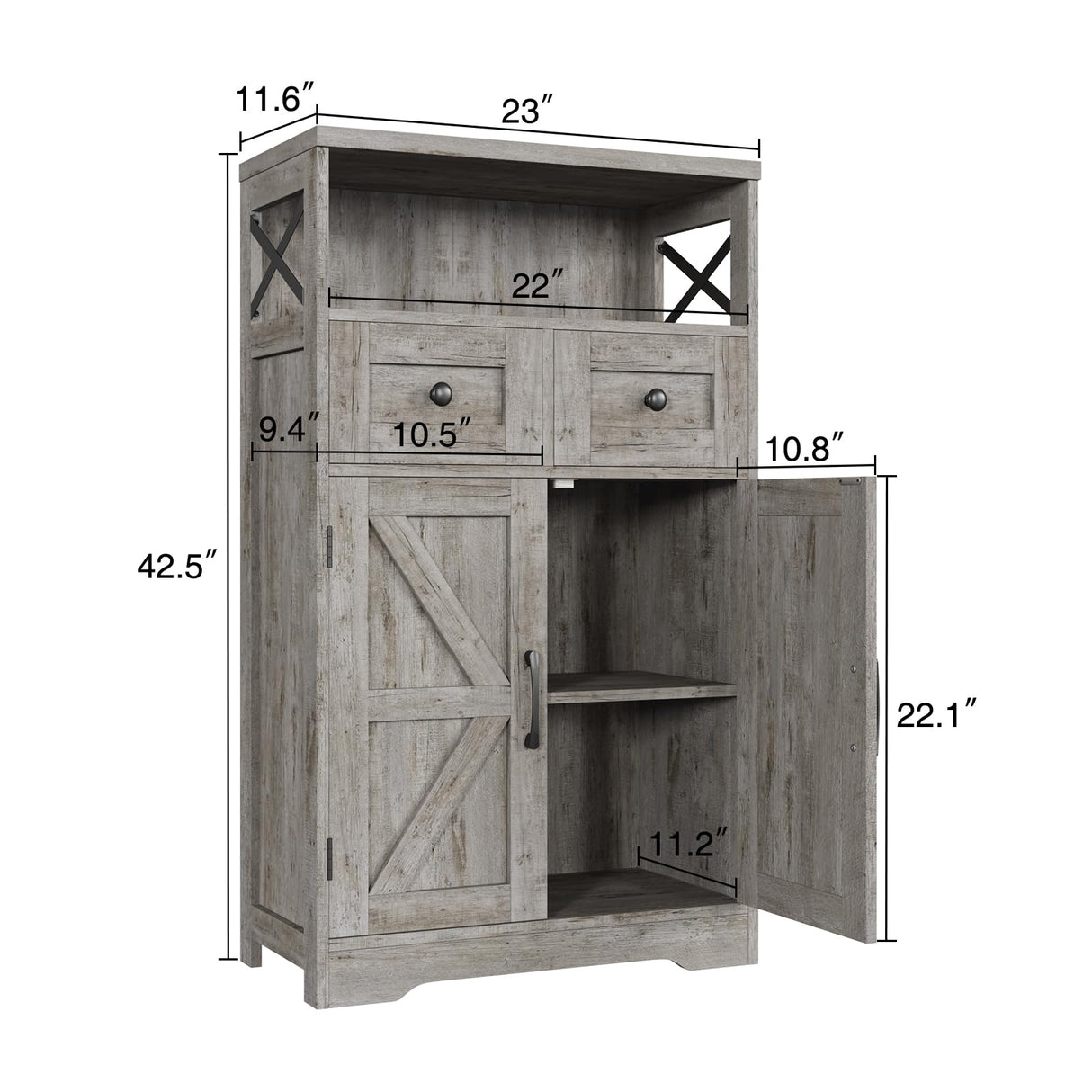 Befrases Farmhouse Storage Cabinet with Drawers and Adjustable Shelves, Freestanding Kitchen Pantry Storage Cabinet, Floor Storage Cupboard for Dining Living Room Home Office, Washed Grey Befrases