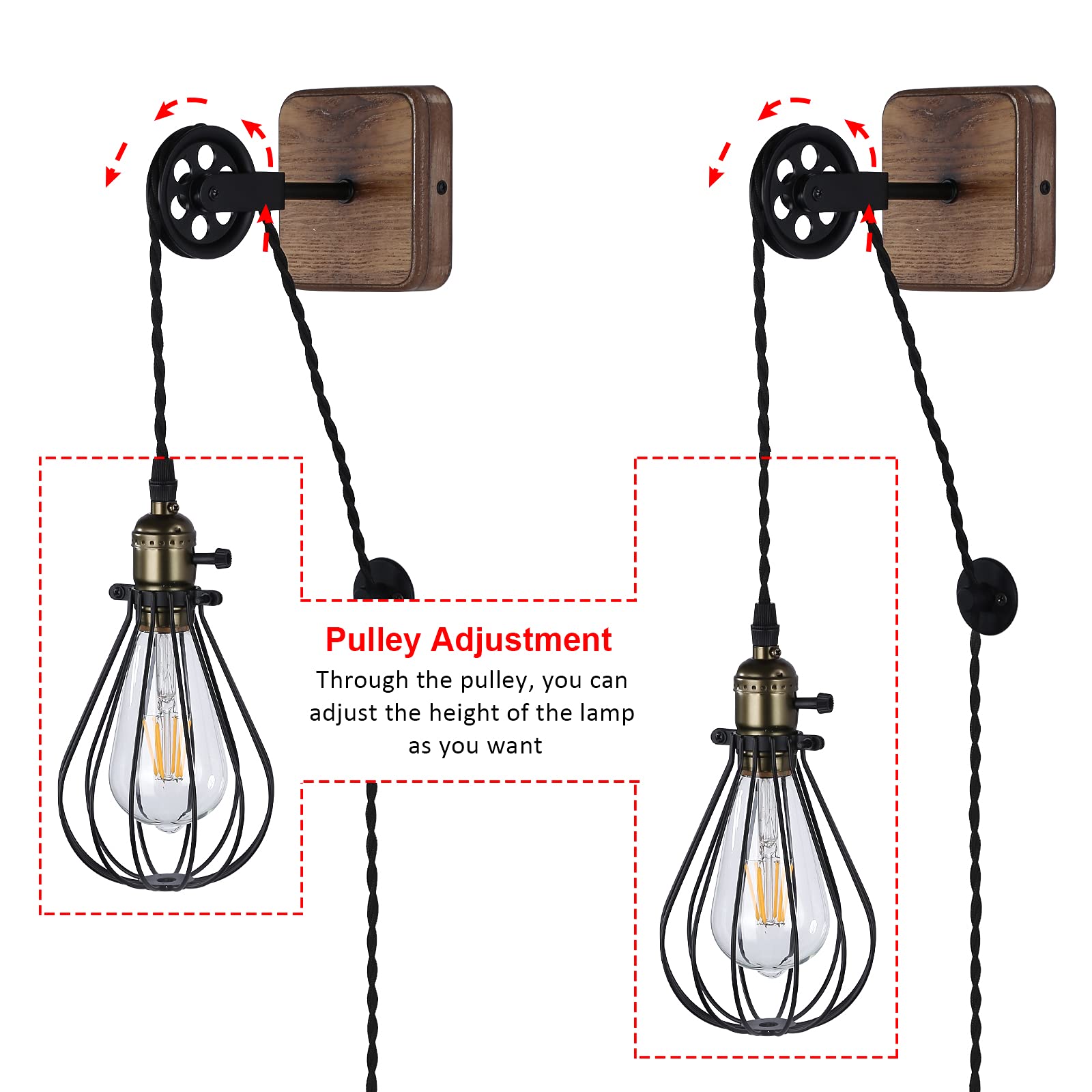 Industrial Farmhouse Plug in Wall Sconce with Wire Shade, Metal Wall Lamp Cage with Pulley Lift for Living Room Rustic Wood LED Wall Lamp with Switch Cord for Kids Bedroom, Reading Room(No E2 - WoodArtSupply