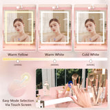 Vanity Desk with Mirror and Lights, Makeup Vanity Table with Power Outlet, Dressing Vanity Table Set with 6 Drawers & 4 Cabinets, 3 Color Modes & Brightness Adjusted, for Bedroom Room, Pink Aiguazi