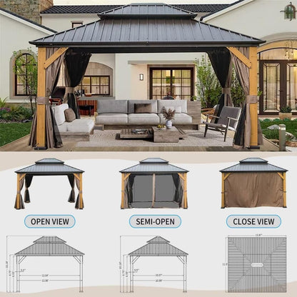 LPP-AWH 12'x14' Hardtop Gazebo with Cedar Wood Frame,Galvanized Steel Double Roof Gazebo Pavilion with Curtains and Netting - Outdoor Permanent Gazebo Canopy for Garden & Backyard (Brown) - WoodArtSupply