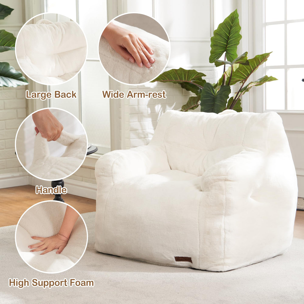 Hobestluk Bean Bag Chair for Adult Small Bean Bag Chairs with Arms Furry Beanbag Chair with Foam Filler Stuffed Bean Bag Sofa for Reading in Bedroom Living Room and Dorms(White) Hobestluk