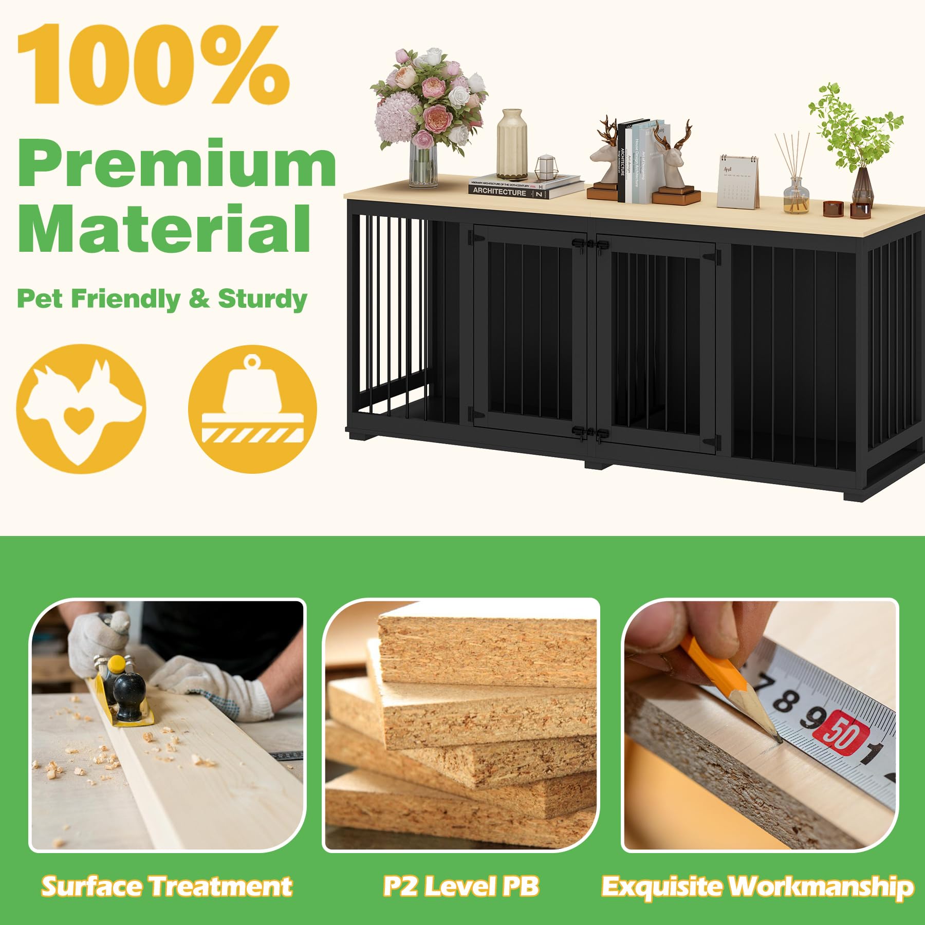 PIAOMTIEE Large Double Dog Crate Furniture, 70.9" XL Wooden Dog Crate Kennel Furniture with Divider & Trays, Dog Crates Furniture for Large or 2 Medium Dogs Indoor, Black - WoodArtSupply