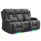 URRED Power Reclining Loveseat Sofa with Console, RV Couch Loveseat Recliner Sofa with Massage & Heat, LED Light, Cupholders, Bluetooth Speakers, USB Charge Ports, Outlets, Leathaire, Gray URRED
