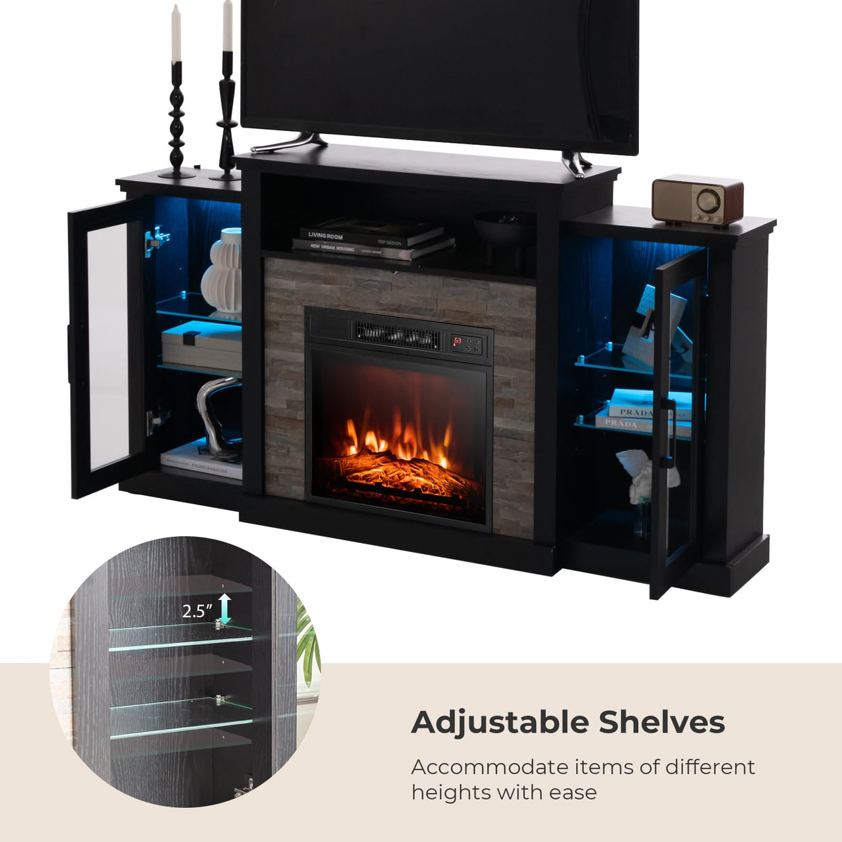 GOFLAME Fireplace TV Stand with LED Lights for TV up to 65”, Entertainment Center with 18” Electric Fireplace, Remote & APP Control, TV Console with Adjustable Glass Shelves (Black) GOFLAME