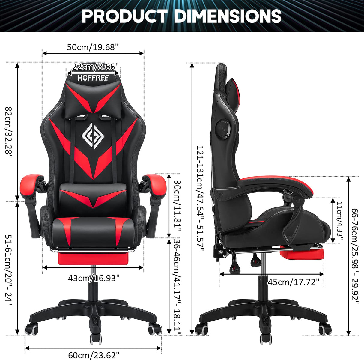 Gaming Chair with Speakers and LED Lights Ergonomic Computer Chair with Massage and Footrest Reclining Video Game Chair for Adults with Adjustable Lumbar Support Red and Black VANSPACE