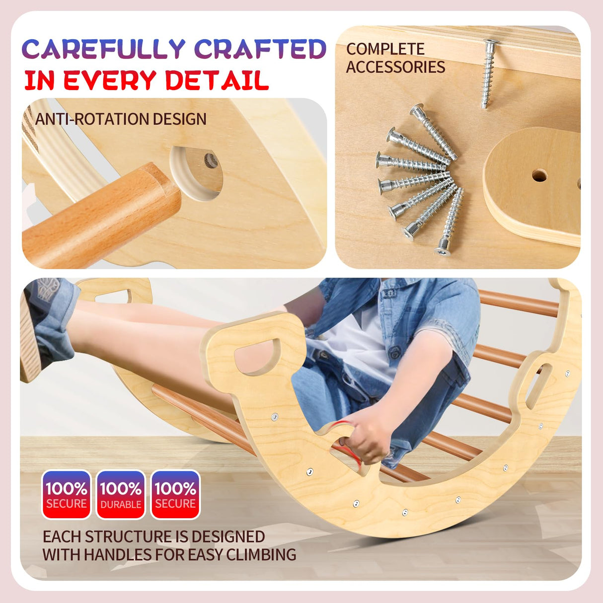 Xickboke Pikler Triangle Set Flag Style Wooden Montessori Climbing Set Foldable Pickler-3-Piece Climbing Gym with Triangle Climbing Frame, Arch, Ramp, Indoor Climbing Toys for Children Aged 1-3 Xickboke