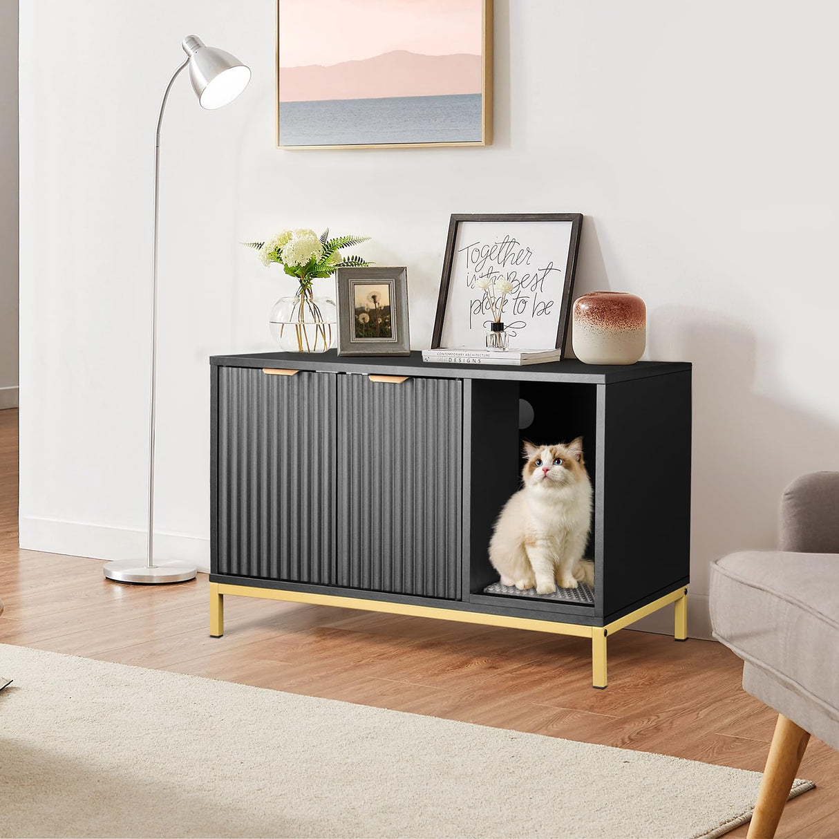 QuicMiou Cat Litter Box Enclosure, Hidden Litter Box Furniture with Metal Legs, Side End Table Indoor Cat House Storage Cabinet 31.5 x 19.7 x 20 Inches (Black + Gold) QuicMiou