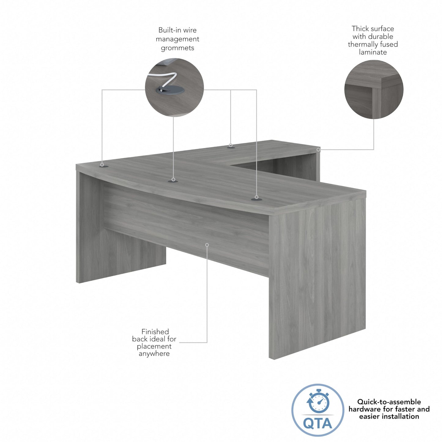 Bush Business Furniture L Shape Desk with Wire Management | Echo Collection Corner Bow Front Table for Home Office with Quick-to-Assemble Hardware, 72W, Modern Gray - WoodArtSupply