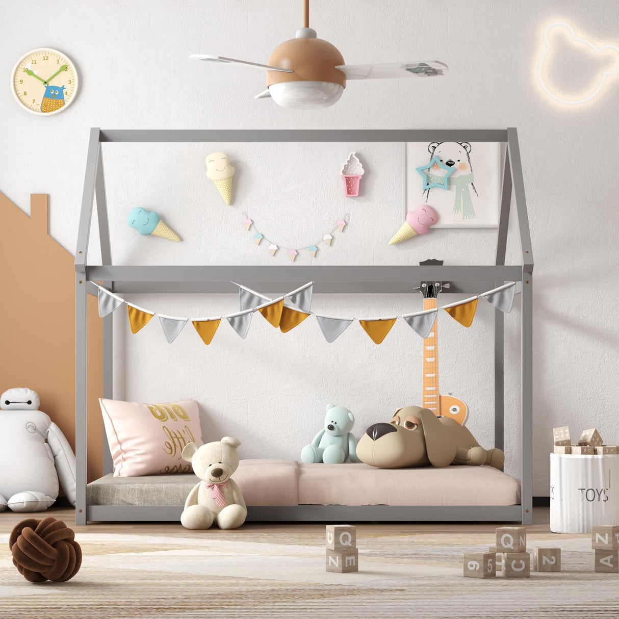 Giantex Twin House Bed Frame - Montessori-Inspired Wood Bed with Canopy Design for Kids and Teens in Grey Giantex