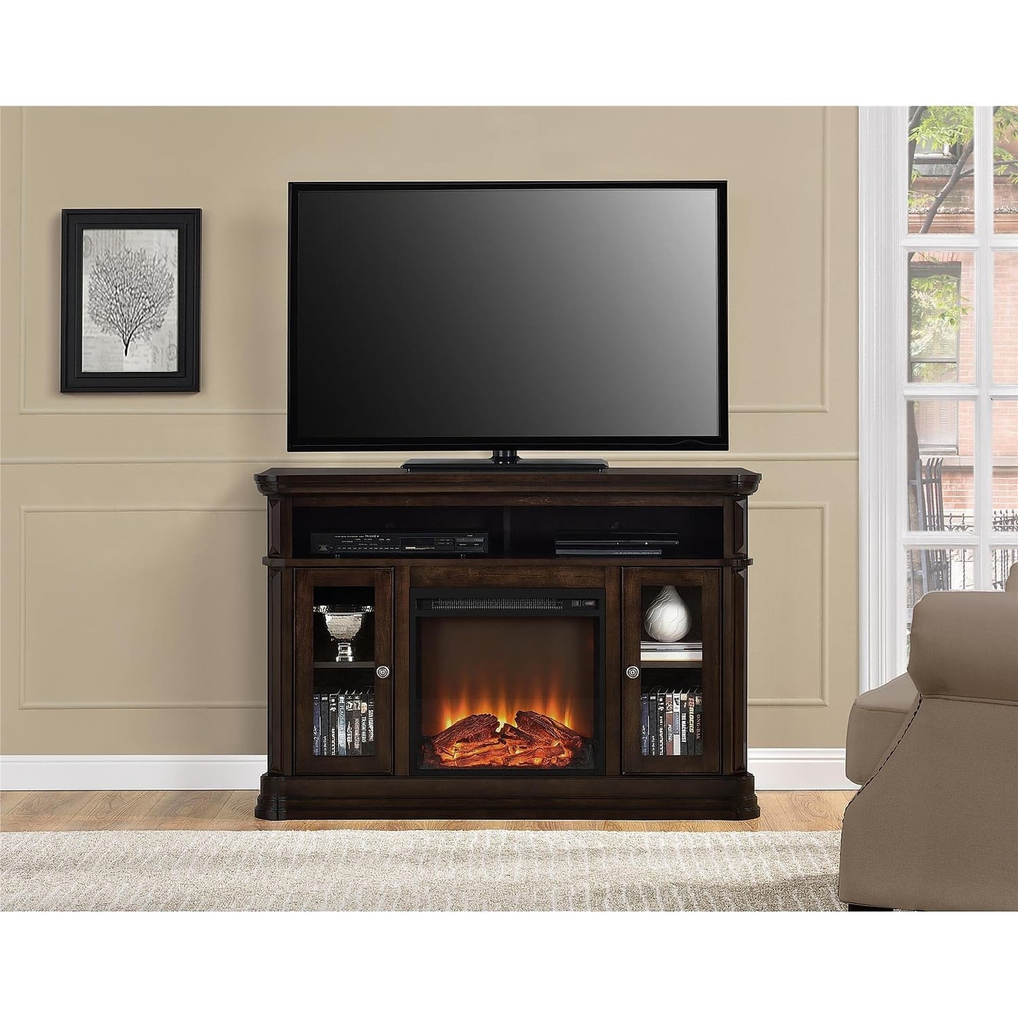 Ameriwood Home Brooklyn Fireplace TV Stand for TVs up to 50 Inch, Replaceable Electric Fireplace Insert Heater, Realistic Log and Flame Effect, For Living Room or Bedroom, Espresso