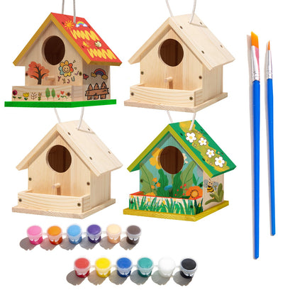 4 Sets DIY Wooden Birdhouse Kits with Paint for Kid, Paint Your Own Wood Birdhouse DIY Kid Art Craft Outdoor Birdhouse Kit Hanging Bluebird Cardinals for Spring Summer STEM Projects