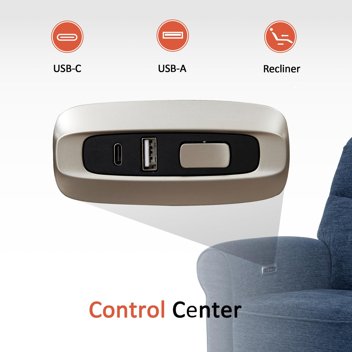 MCombo Power Wall Hugger Recliner Chair for Small Space RV Living Room, USB & USB-C Charging Ports, Modern Rolled Arm Recliner, Fabric PR630 (Navy Blue) MCombo