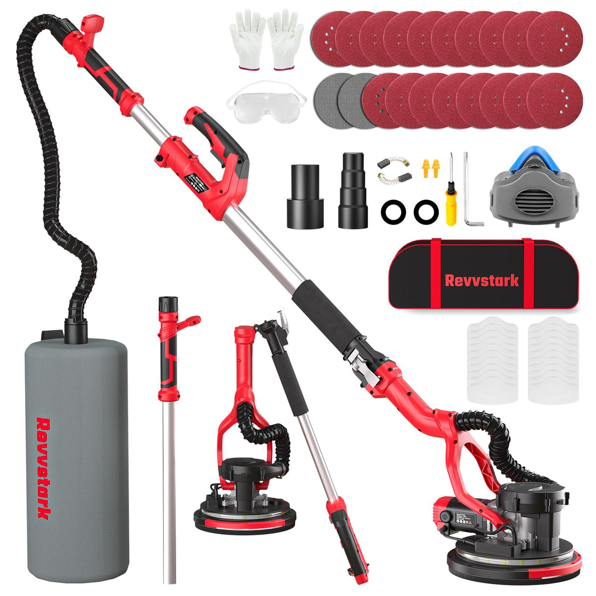 Drywall Sander, Electric Drywall Sander with Vacuum Dust Collection 7.33-Amp 880W, Floor Sanders 5 Variable Speed 1000-2100RPM with LED Light, 18Pcs Sanding Discs & 2Pcs Grid Sandpaper, Dust Mask—Red Revvstark