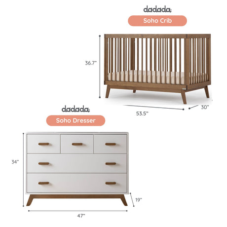dadada Soho Baby Nursery Furniture Set. Baby Crib and Dresser Set Combo. Soho 3-in-1 Convertible Crib and Matching 5 Drawer Dresser. Walnut Beechwood dadada
