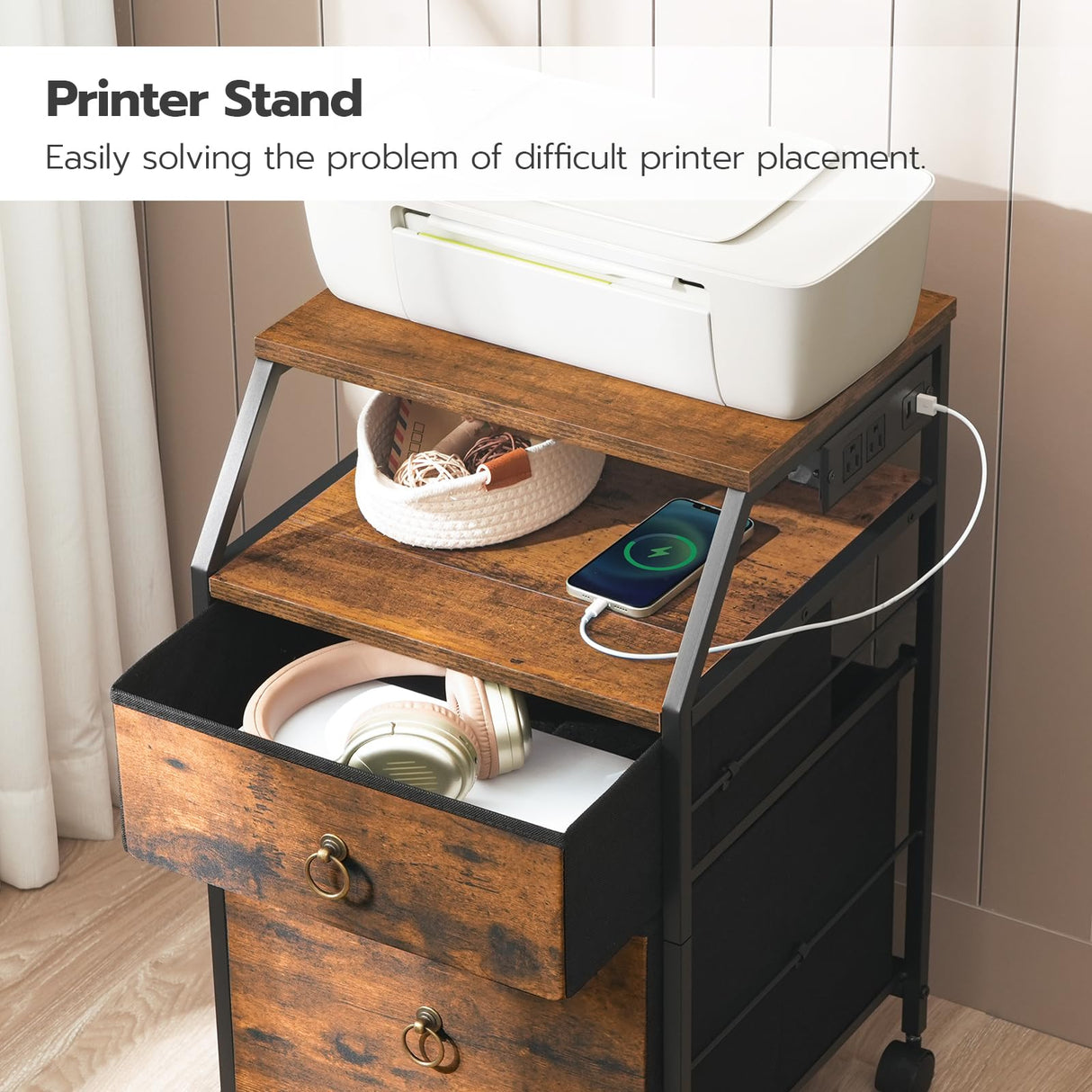 HOOBRO 2-Drawer Mobile File Cabinet, Filing Cabinet with Charging Station, Printer Stand with Open Storage Shelf, for A4/Letter Size, Home Office, Nonwovens Drawer, Rustic Brown and Black BF10UWJ01 HOOBRO