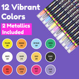 Acrylic Paint Markers Dual Tip (12 Pack) - Acrylic Markers Paint Pens for Rocks - Bold Acrylic Paint Pens Fine Tip and Dot Tip - Fabric Makers Permanent for Clothes Water Based Markers - Chalky Crown CHALKY CROWN