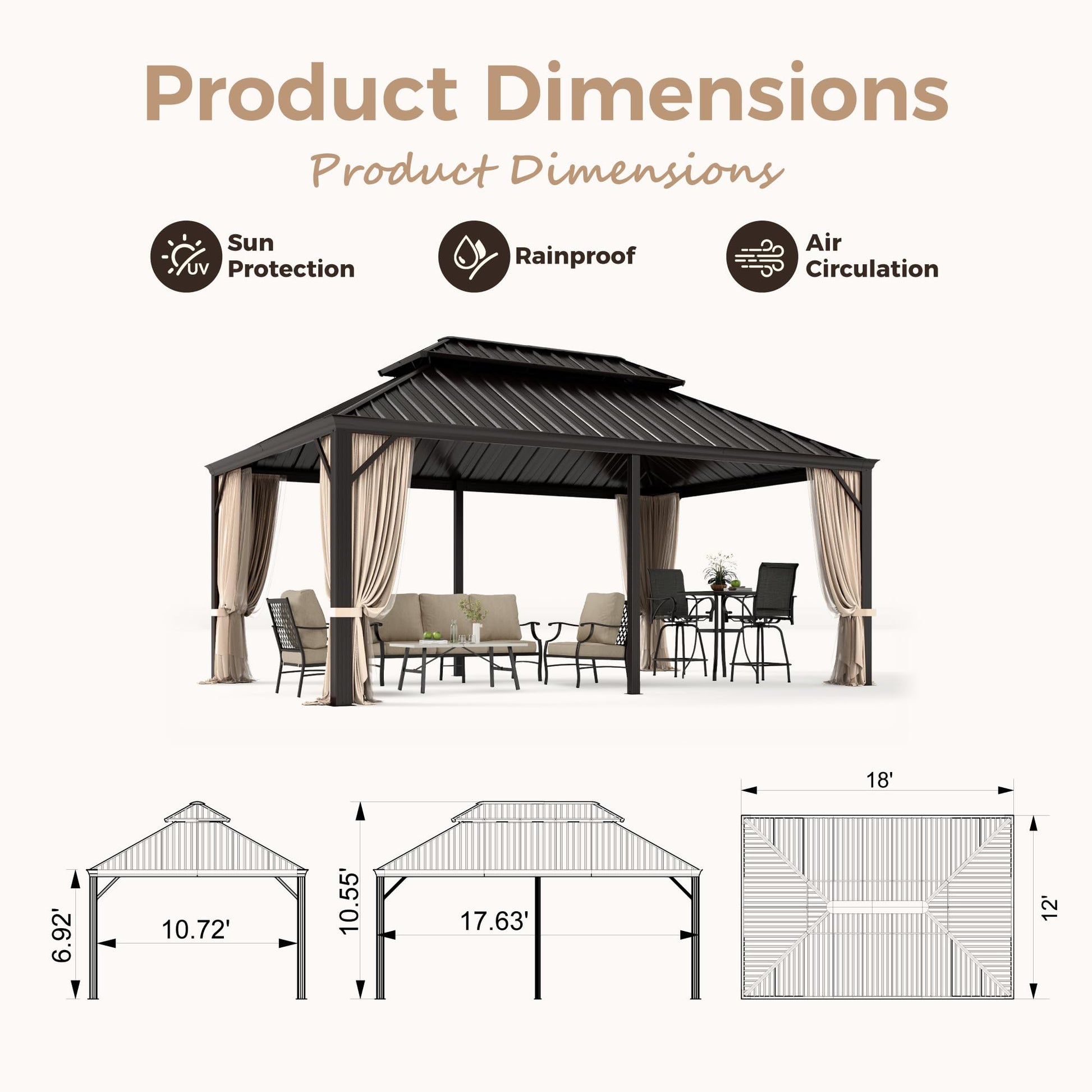 MIXPATIO 12' x 18' Hardtop Gazebo, Galvanized Steel Metal Double Roof Gazebo, Permanent Outdoor Metal Pavilion with Curtain and Netting for Deck, Backyard, Patio, Lawns - WoodArtSupply