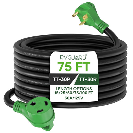 RVGUARD 30 Amp 75 Foot RV Extension Cord, Heavy Duty 10/3 Gauge STW Cord with LED Power Indicator and Cord Organizer, TT-30P/R Standard Plug, Green, ETL Listed RVGUARD