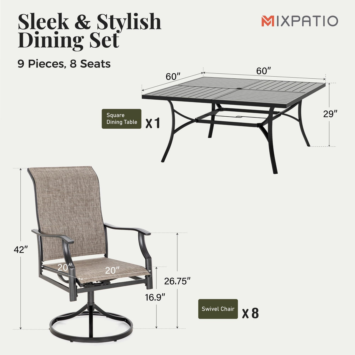 MIXPATIO 9 Pieces Patio Dining Set, Outdoor Table and Chairs, 8 x Textilene Swivel Dining Chairs and 60" Square Outdoor Dining Table, for Cozy Garden Settings, Grey-Brown MIXPATIO