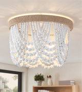 AMZASA White Boho Wood Beaded with Hemp Rope Flush Mount Ceiling Light Farmhouse Small Chandelier Light Fixture for Bedroom Hallway Entryway Closet Kitchen Dining Room Living Room Nursery AMZASA
