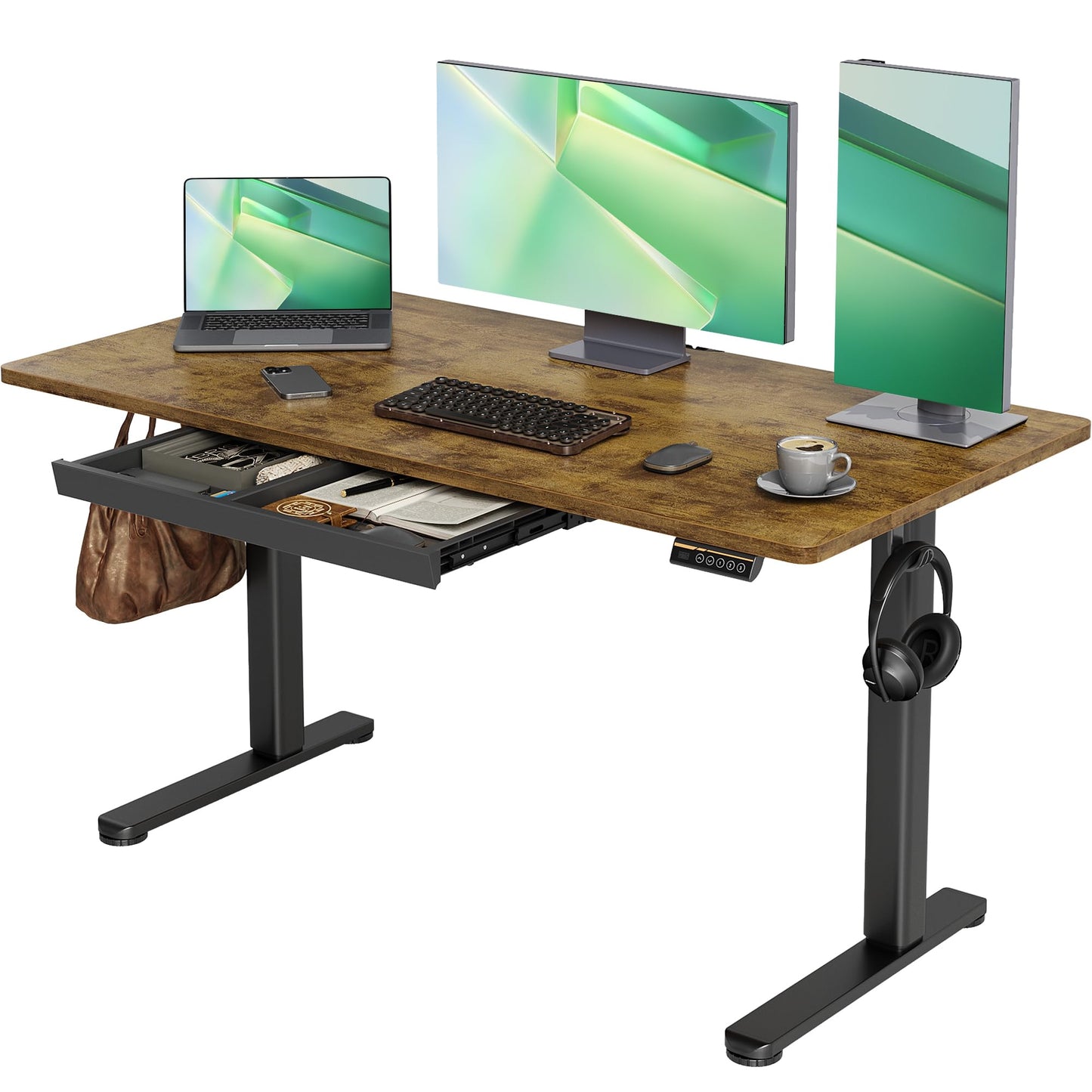 Claiks Standing Desk with Drawers, Stand Up Electric Standing Desk Adjustable Height, Sit Stand Desk Computer Workstation, 55 Inch, Rustic Brown - WoodArtSupply