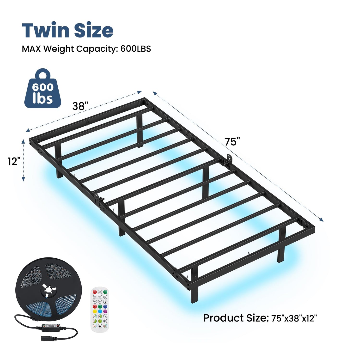 LUSIMO Twin Floating Bed Frame with RGB LED Lights, Heavy Duty Metal Platform and Underbed Storage, Black - WoodArtSupply