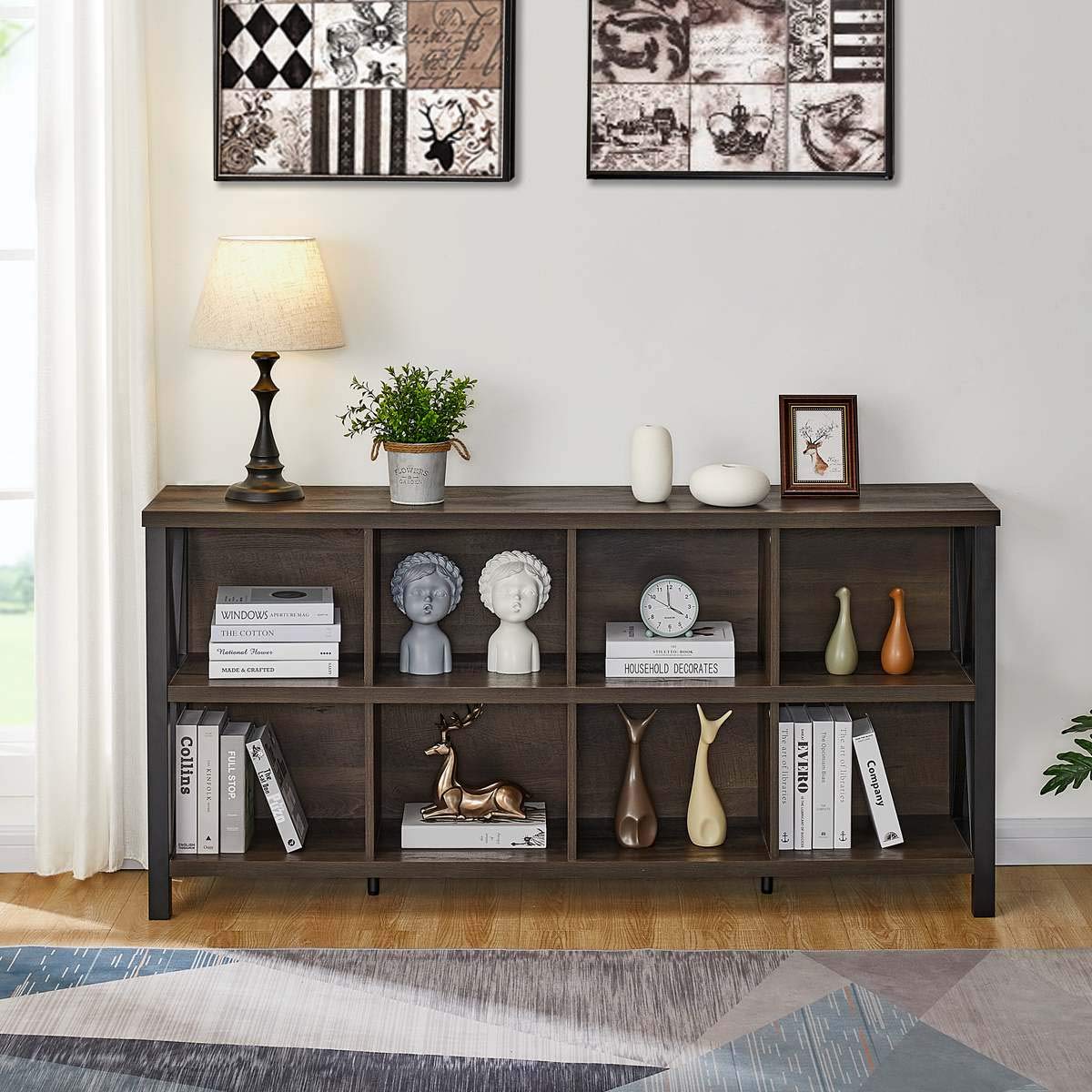 FATORRI Rustic 8-Cube Storage Organizer Bookshelf - Industrial Walnut Brown Bookcase for Living Room - WoodArtSupply