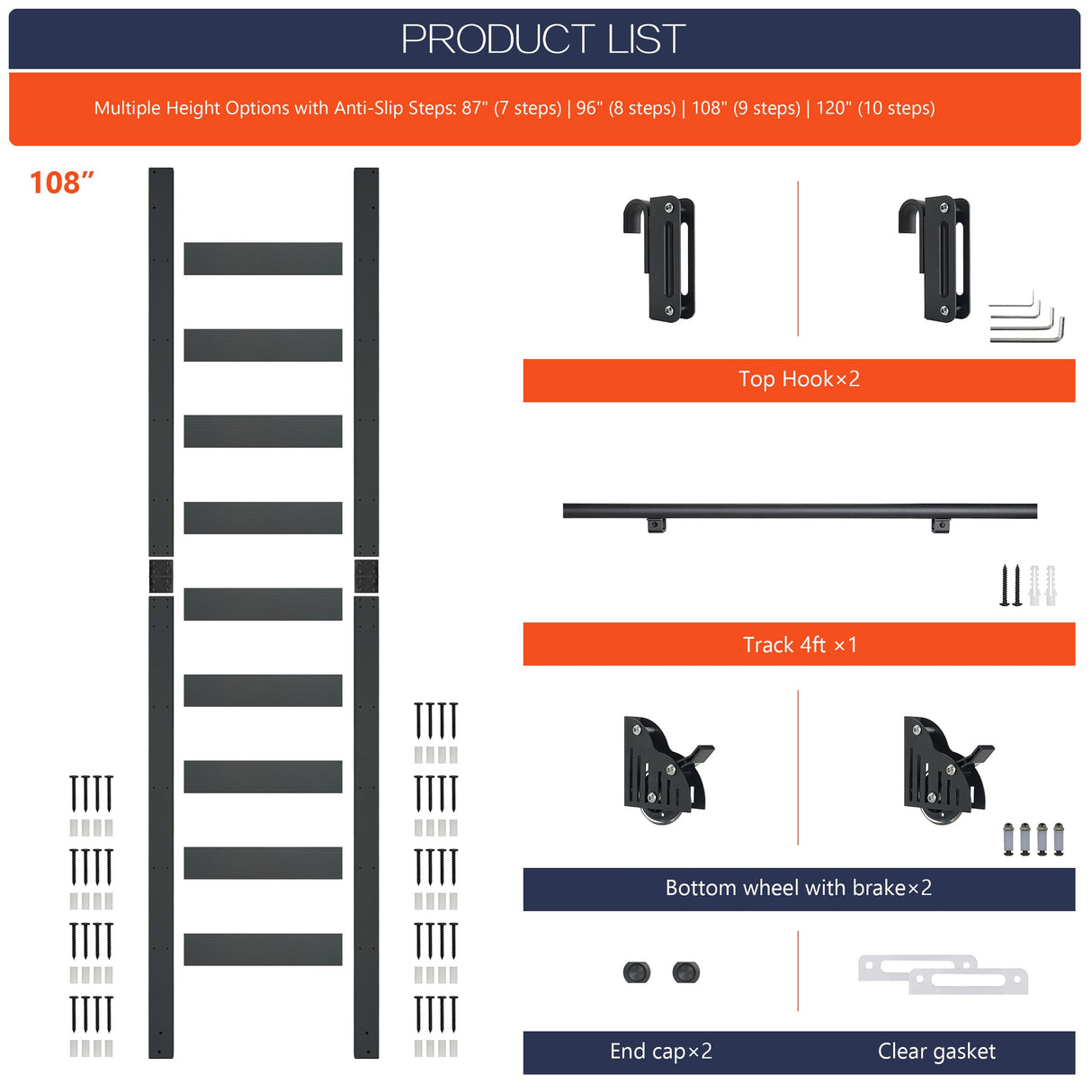HARDJULAN 108" Black Sliding Library Ladder with 4FT Telescopic Hook Track – Lightweight Aluminum Rolling Ladder with Braking Wheels, Kit for Home, Loft, and Bookshelves HARDJULAN