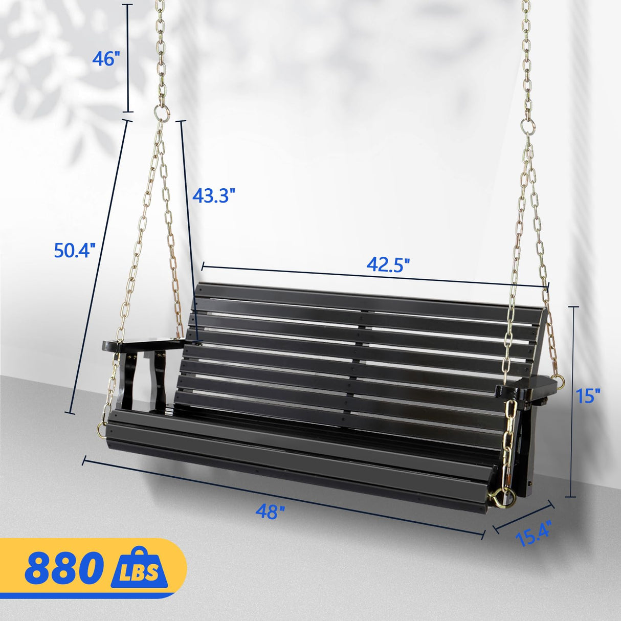 VINGLI Upgraded Patio Wooden Porch Swing for Courtyard & Garden, Heavy Duty 880 LBS Swing Chair Bench with Hanging Chains for Outdoors (Black, 4 FT) VINGLI