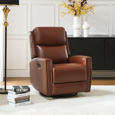 HULALA HOME Genuine Leather Swivel Rocker Recliner, Manual Glider Recliner Chair with Adjustable Backrest & Footrest, Modern Home Theater Sofa Armchair for Living Room Bedroom, Brown HULALA HOME