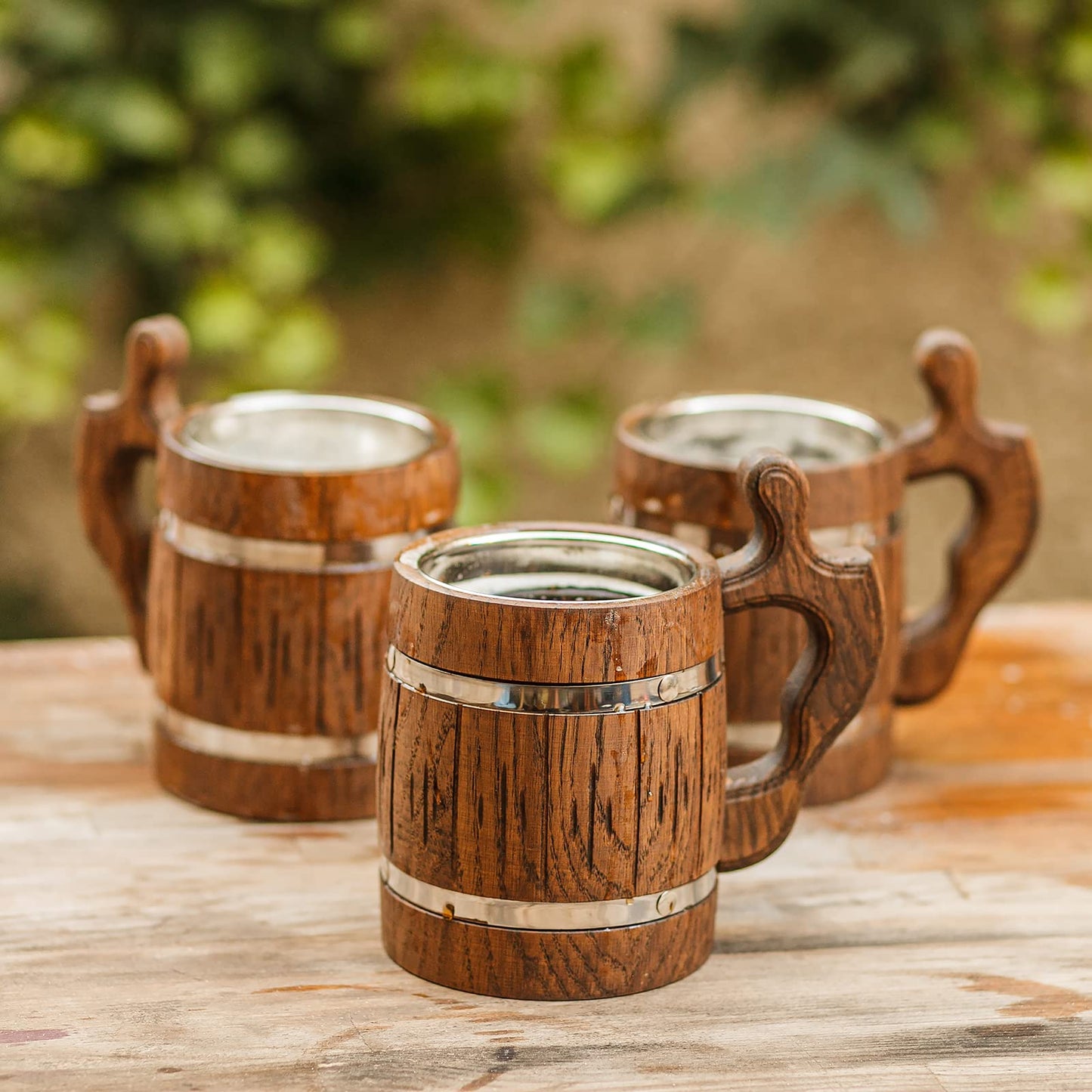 20 oz Handmade Wooden Rustic Beer Mug Real Oak Wood Stainless Steel Cup 600ml Brown - Etno Motif Wood Viking Beer Mug Stein - Beer Tankard Irish Retro Halloween Mugs - Cowboys Beer Mug - WoodArtSupply