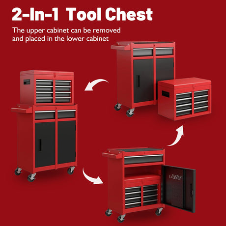 5-Drawers Large Tool Chest Tool Box Organizer with Lockable, 2-In-1 Detachable Tool Storage Cabinet with Wheels, Portable Expandable Tool Cart Toolbox with Drawers for Garage, Workstation, Workshop Flieghund