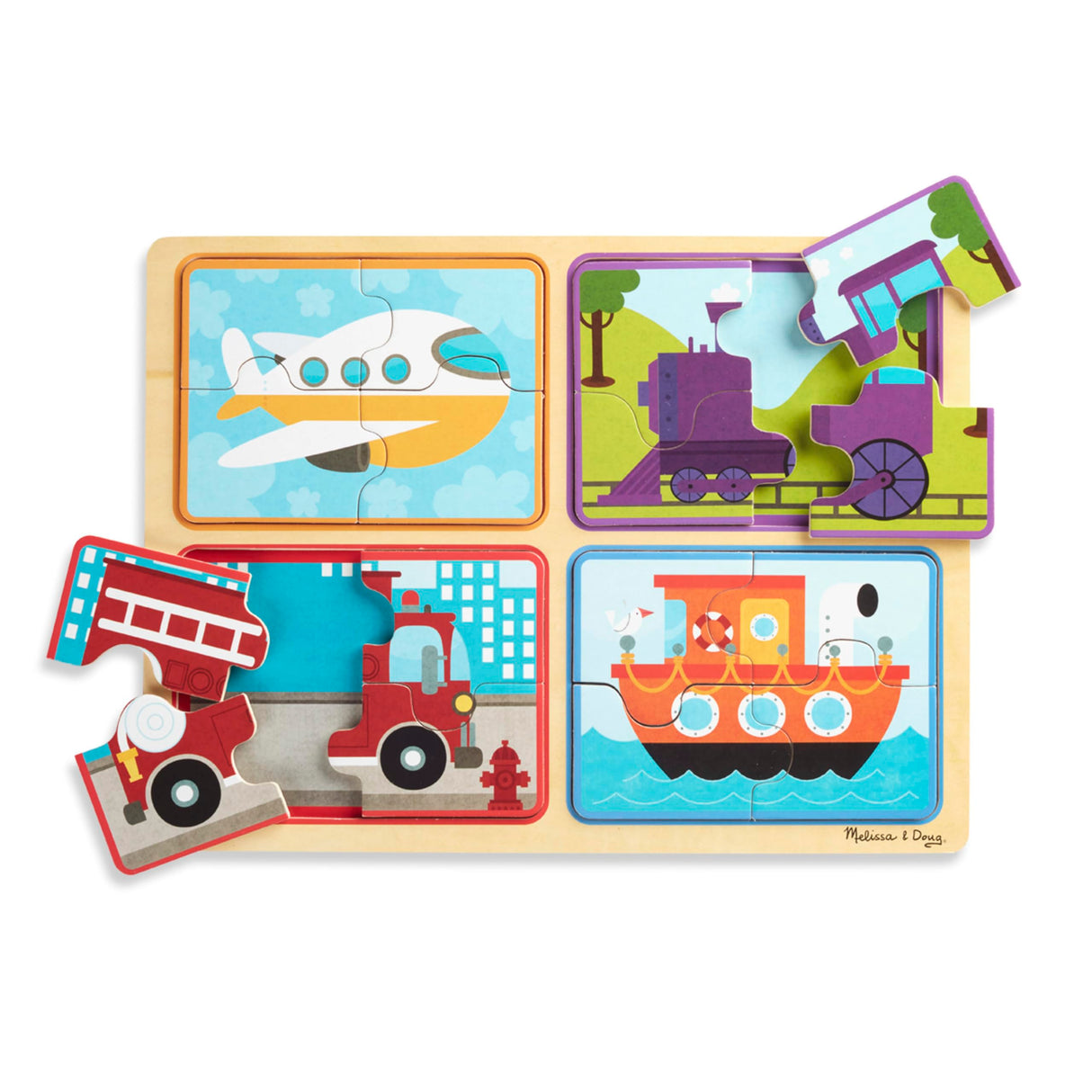 Melissa & Doug Natural Play Wooden Puzzle: Ready, Set, Go (Four 4-Piece Vehicle Puzzles) Melissa & Doug