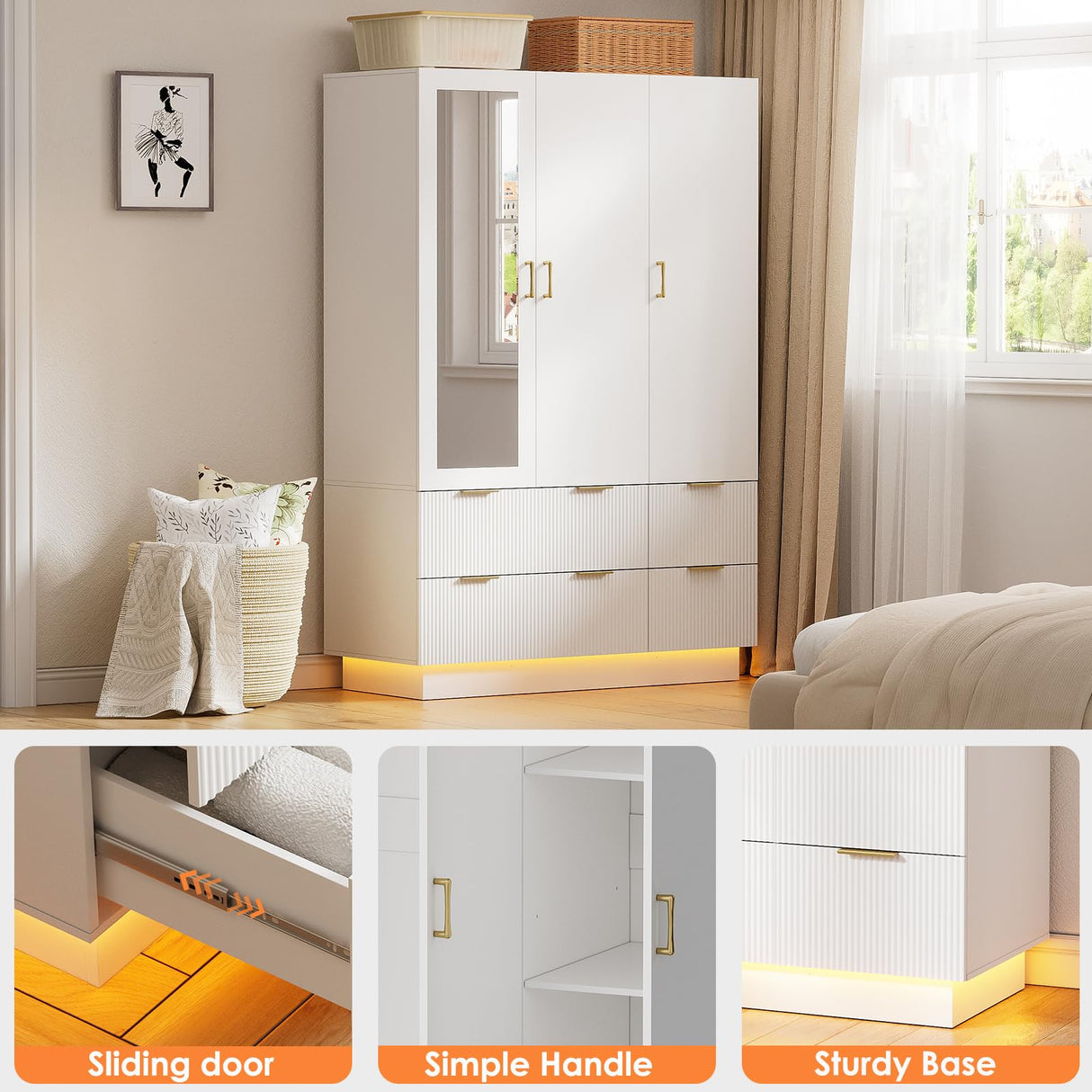 PAKASEPT Armoire Wardrobe Closet with 3 Door, Bedroom Armoires with Mirror and LED Lights, Hanging Rod, Drawers, Large Capacity Storage Wardrobe Armoire for Bedroom PAKASEPT