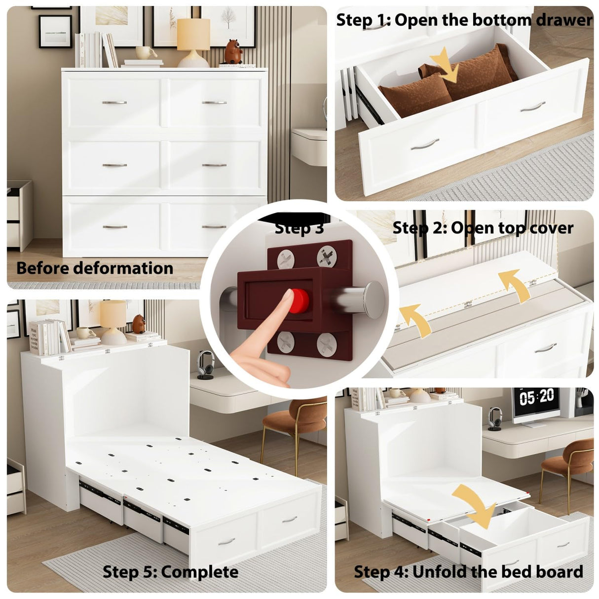 FAMAPY Twin Murphy Bed with Built-in Charging Station, Space-Saving Murphy Bed Chest Twin with Drawer, Foldable, for Home Office Guest Room Bedroom White, 76.8”L x 44.4”W x 41.3”H FAMAPY