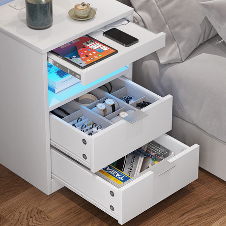 ADORNEVE LED Nightstands Set of 2, Night stand with Wireless Charging Station and LED Lights, White Nightstand with Pull-Out Shelf & Drawers, Modern Bedside Table End Side Table for Bedrooms ADORNEVE