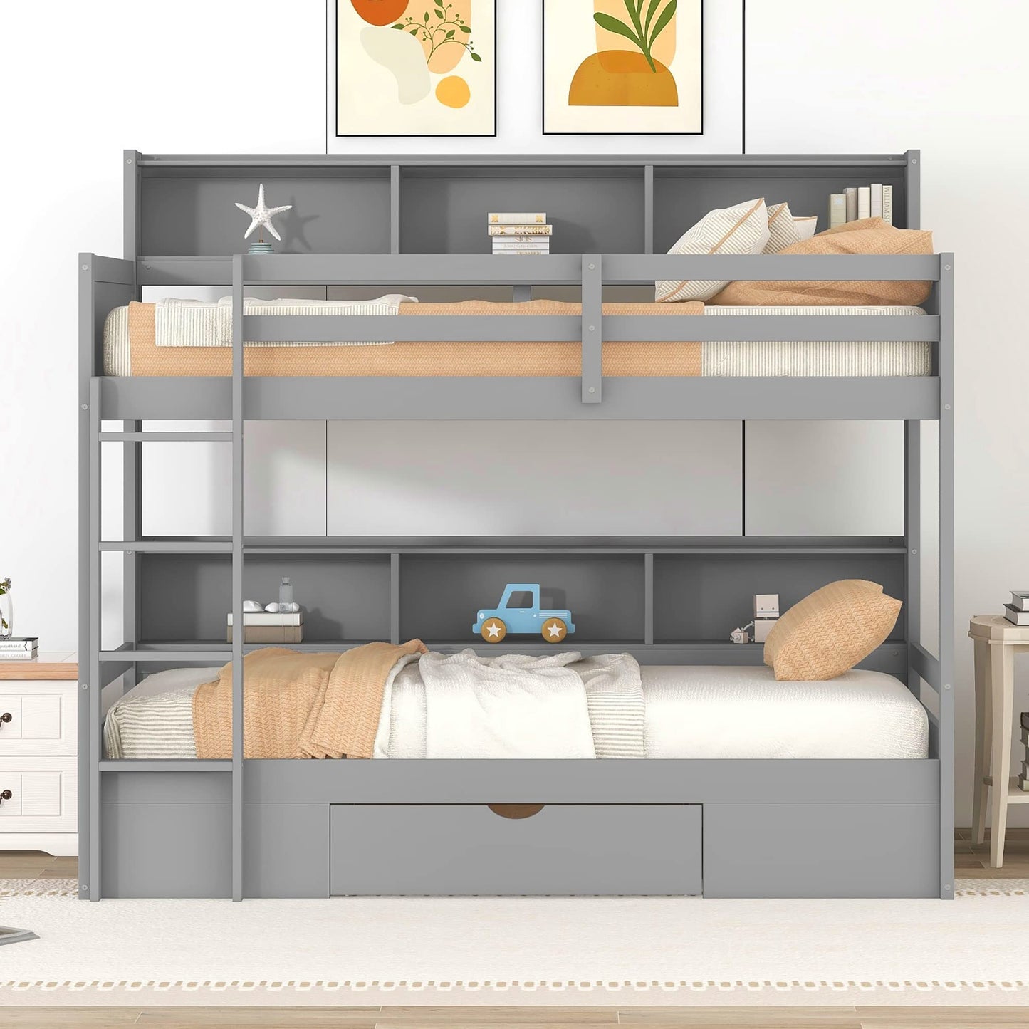 Harper & Bright Designs Twin Over Twin Bunk Bed with Storage, Wooden Bunk Bed with Built-in Storage Shelves and Drawer, Kids Bunk Bed Twin Size for Boys & Girls, No Box Spring Needed (Gray)