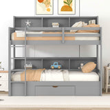 Harper & Bright Designs Twin Over Twin Bunk Bed with Storage, Wooden Bunk Bed with Built-in Storage Shelves and Drawer, Kids Bunk Bed Twin Size for Boys & Girls, No Box Spring Needed (Gray) Harper & Bright Designs