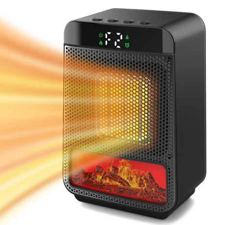 Mini Electric Fireplace Heater for Indoor Use,1500W Small Space Fireplace Heater with 3D LED Flame,Safety Protection,Portable Desktop Fireplace Heater for Office Home Christmas Decoration(Black) Cuteqi