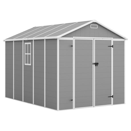 Amopatio 10x8 FT Storage Shed, Resin Outdoor Shed with Floor Included, Plastic Sheds Outdoor Storage for Bike, Garden Tools, Sheds & Outdoor Storage with Lockable Door, Window & Vents, Grey & White Amopatio