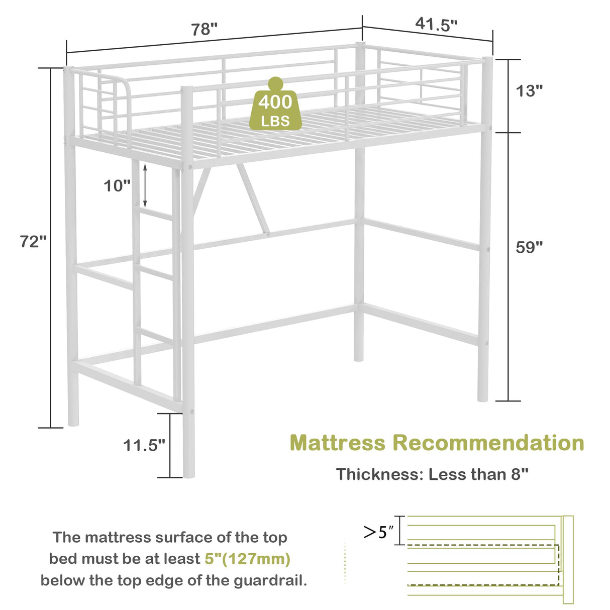 VECELO Loft Bed Twin Size, Metal Bedframe with Removable Ladder and Safety Guardrail, No Box Spring Needed, Space Saving, Noise Free, Off White VECELO