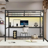 XUWANSHANG Loft Bed Full Size with Desk, Metal Heavy Duty Loft Bed with LED Lights, USB Port, Full Loft Bed Frames for Kids, Junior, Adults, Space Saving, Noise Free (Black, Full) XUWANSHANG