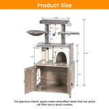 Snughome Cat Litter Box Enclosure with Cat Tree Tower and Condo, Hidden Cat Washroom Furniture with Sisal Scratching Post and Soft Plush Perch, Wooden Cat Furniture with Multiple Platforms, Grey Snughome