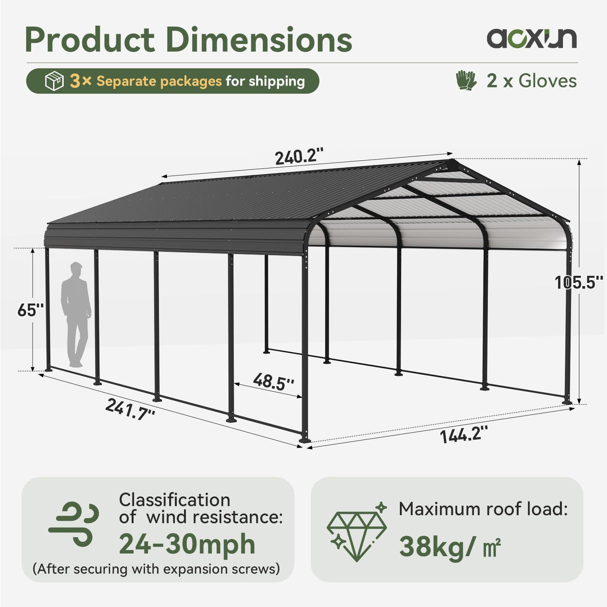 Aoxun 12x20 FT Metal Carport, Heavy Duty Carport Canopy with Galvanized Steel Roof & Frame, 12'W x 20'D x 8.8'H Metal Garage Building Car Ports Shed for Car, Boat, Pickup and Tractors Aoxun