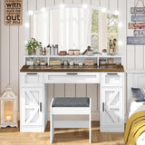 usikey Farmhouse Vanity Desk with Large Lighted Mirror and 10 Lights, 43.3" Glass Tabletop Makeup Vanity with 3 drawers, Large Vanity Tabel Set with Long Shelf, 2 Cabinets and Stool, Antique White usikey